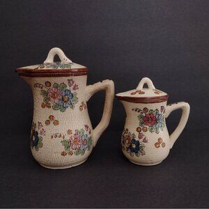 Vintage Occupied Japan? Majolica Pitcher Creamer Set HandPainted Floral w/ Lids